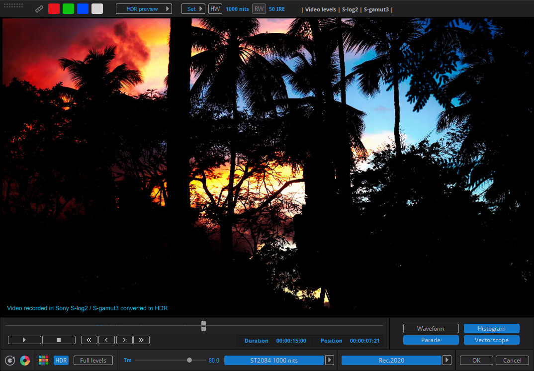 Video recorded in Sony S-log2 / S-gamut3 converted to HDR